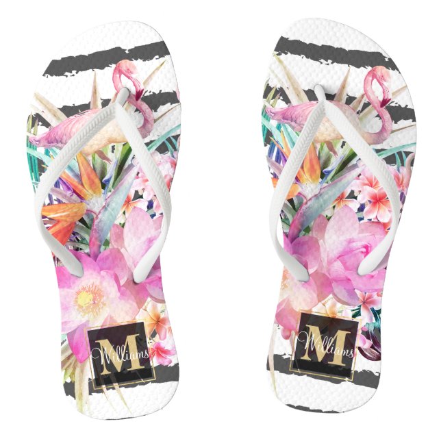 tropical floral leaves and flamingos stripes thongs (Footbed)