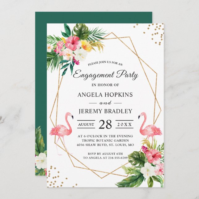 Tropical Floral Leaves Flamingo Engagement Party Invitation (Front/Back)