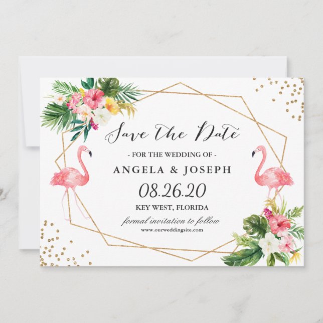 Tropical Floral Leaves Flamingos Save the Date (Front)