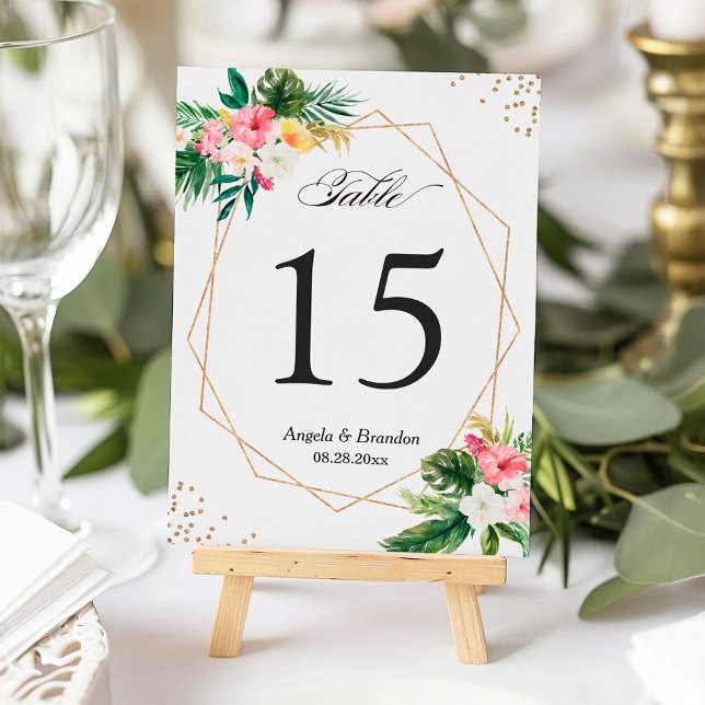Tropical Floral Leaves Luau Wedding Table Number (Creator Uploaded)