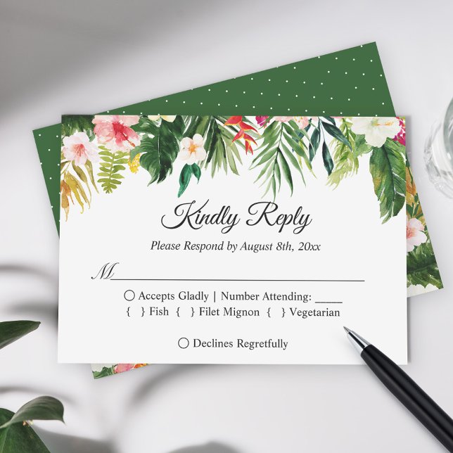 Tropical Floral Leaves Summer Wedding Reply RSVP Card (Creator Uploaded)