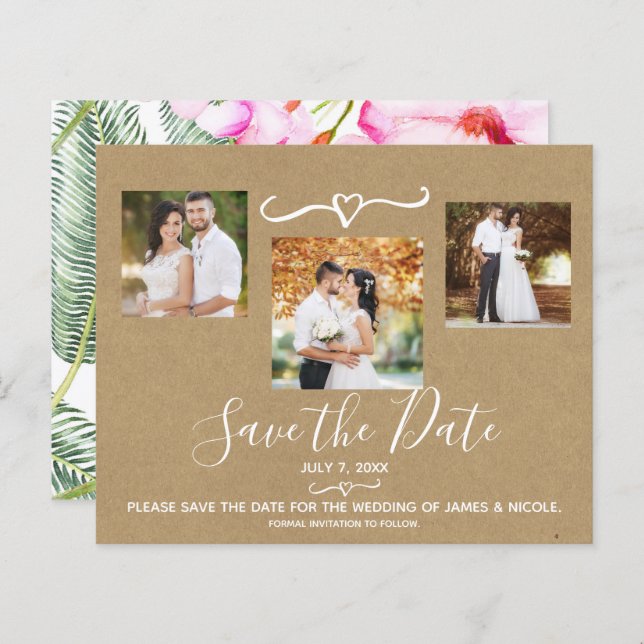 Tropical Floral Leaves Wedding Photo Save the Date (Front/Back)