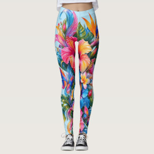 Tropical Floral Leggings Colourful Hibiscus Flor