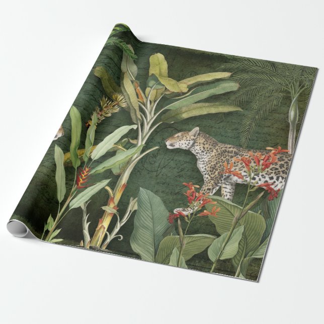 Tropical Floral  Leopard Jungle Foliage Decoupage  Wrapping Paper (Unrolled)