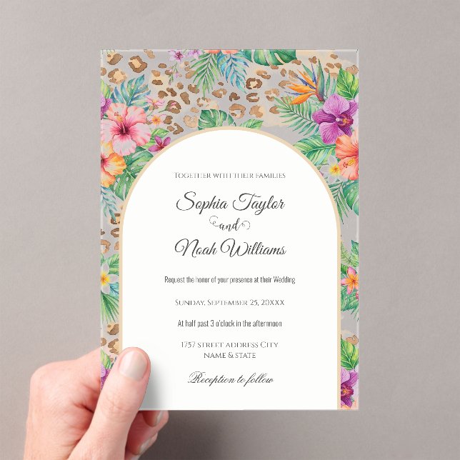 Tropical Floral Leopard Print Pattern Acrylic Invitations (Insitu (Handheld))