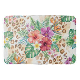 Tropical Floral Leopard Print Pattern Bath Mat