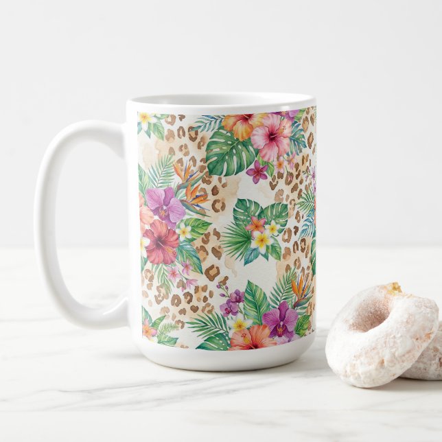 Tropical Floral Leopard Print Pattern Coffee Mug (With Donut)