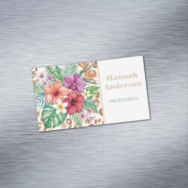 Tropical Floral Leopard Print Pattern Magnetic Business Card (In Situ)