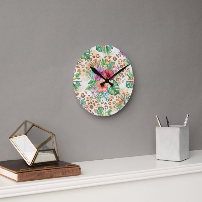 Tropical Floral Leopard Print Pattern Round Clock (Office)