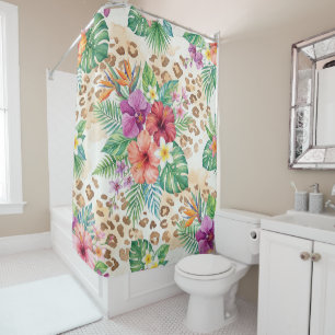 Tropical Floral Leopard Print Pattern Shower Curtain