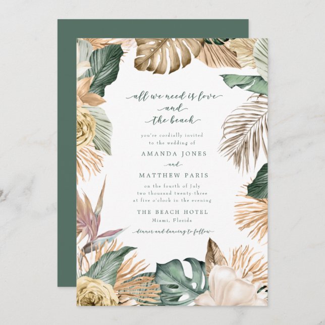 Tropical Floral Love and the Beach Wedding Invite (Front/Back)