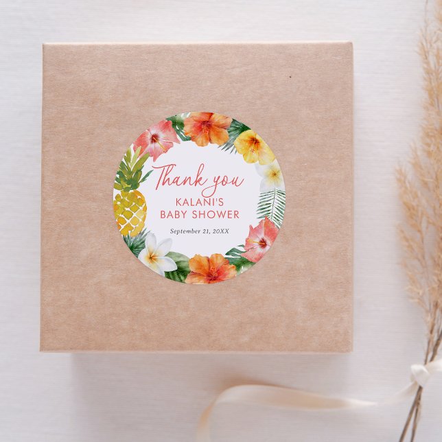 Tropical Floral Luau Baby Shower Classic Round Sticker (Creator Uploaded)