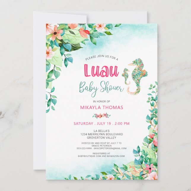 Tropical Floral Luau Baby Shower Seahorse Invitation (Front)