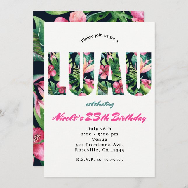 Tropical Floral LUAU Birthday Party Invitations (Front/Back)