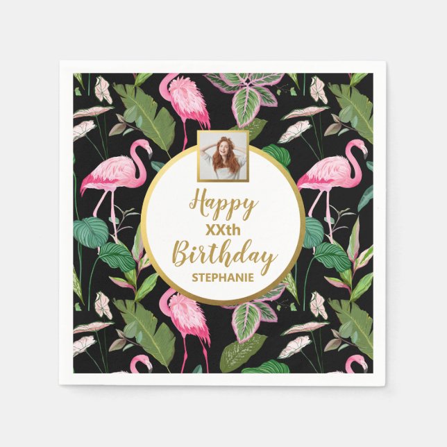Tropical Floral Luau Flamingo Birthday Photo  Napkin (Front)
