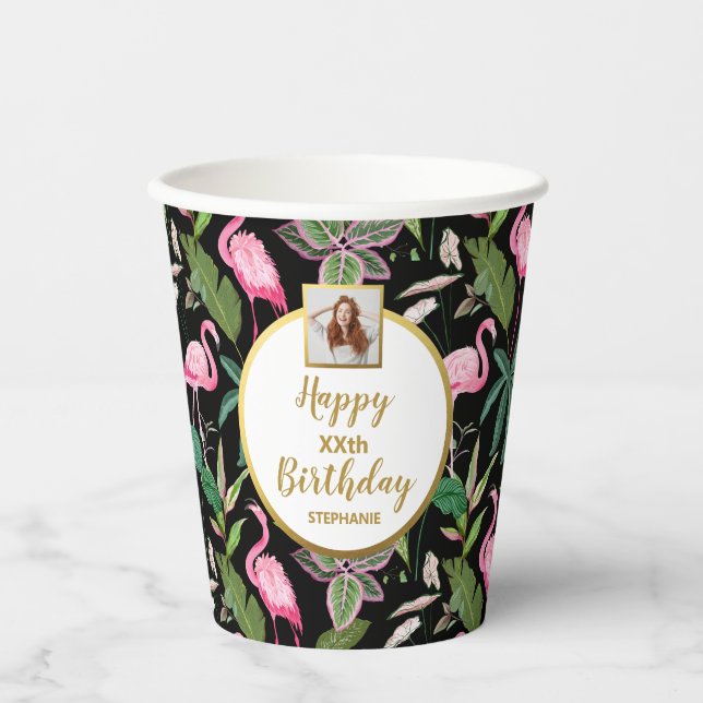 Tropical Floral Luau, Flamingos, Birthday Photo Paper Cups (Front)
