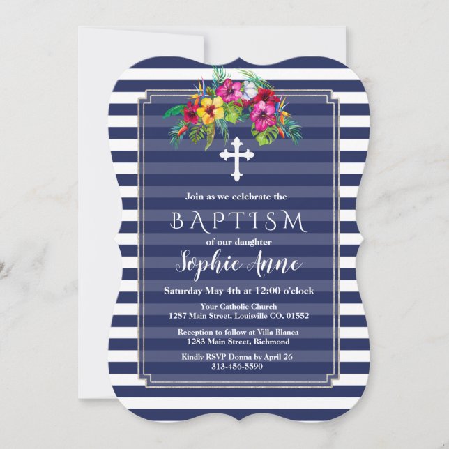 Tropical Floral Luau Navy Blue Baptism Invite (Front)