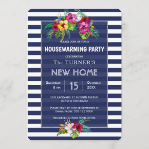 Tropical Floral Luau Navy Blue Housewarming Party Invitation