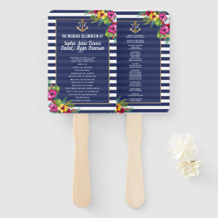 Tropical Floral Luau Navy Blue Stripes Program Hand Fan