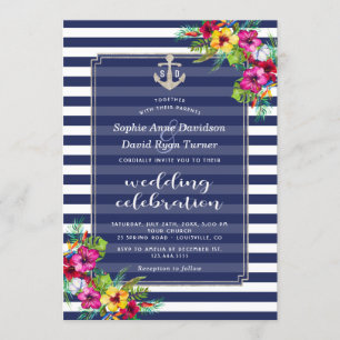 Tropical Floral Luau Navy Blue Stripes Wedding Invitation