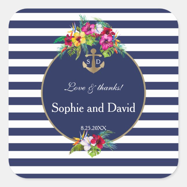 Tropical Floral Luau Navy Blue Stripes Wedding Square Sticker (Front)