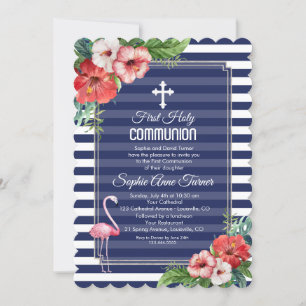Tropical Floral Luau Navy First Holy Communion Invitation