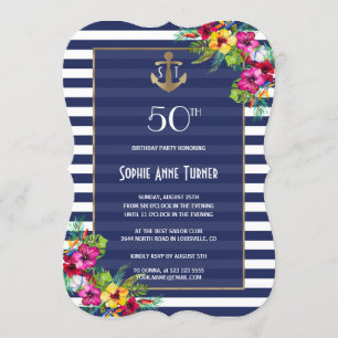 Tropical Floral Luau Navy Stripes Birthday Party Invitation