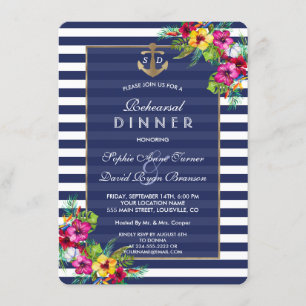 Tropical Floral Luau Navy Stripes REHEARSAL DINNER Invitation