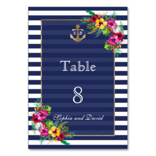 Tropical Floral Luau Navy Stripes Table Number