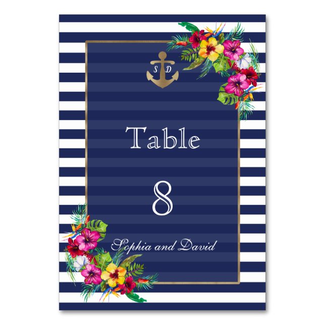 Tropical Floral Luau Navy Stripes Table Number (Front)
