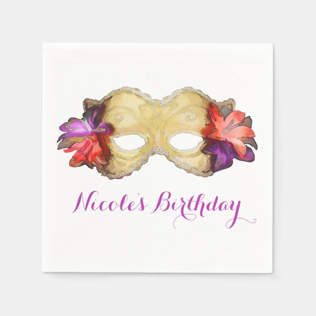 Tropical Floral Masquerade Mask Elegant Party Napkin (Front)