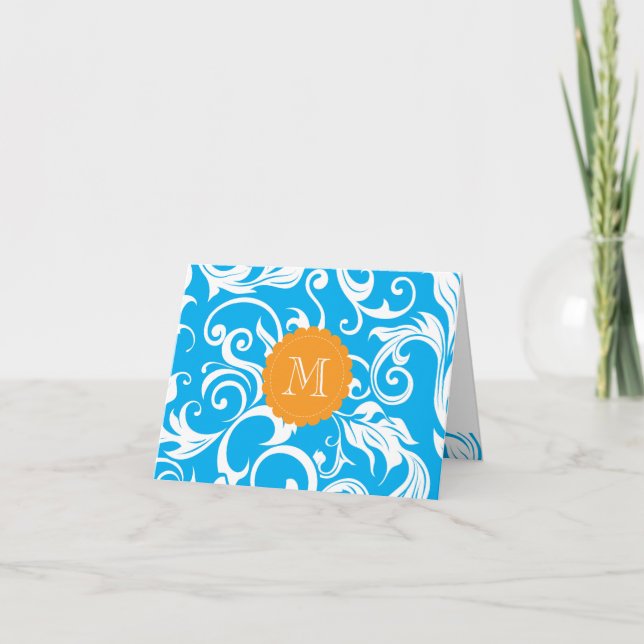 Tropical Floral Monogram Note Card Turquoise Blue (Front)