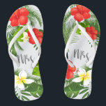 Tropical Floral Mrs Bride ID475 Thongs<br><div class="desc">Create special flipflops for the bride with this beautiful design featuring lush tropical foliage and colourful floral accents. The eye-catching 'mrs' script text is optional and can be deleted to use the template for other occasions. Search ID475 to see other products with this design including matching wedding stationery and more....</div>