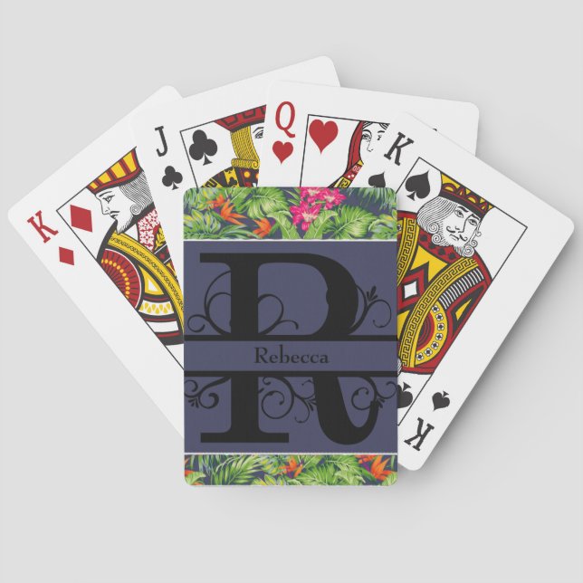 Tropical Floral Navy Blue Monogram R Playing Cards (Back)