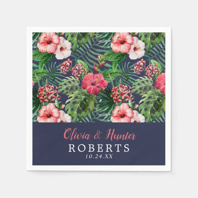 Tropical Floral Navy Pink Hibiscus Palm Wedding Napkin (Front)