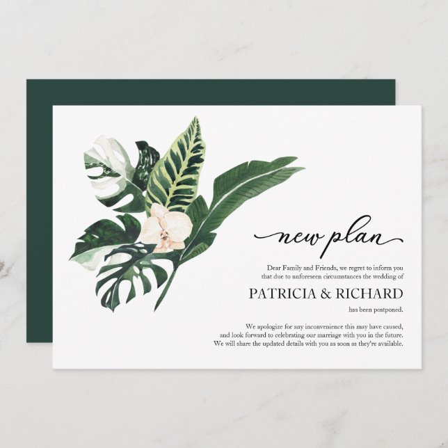 Tropical Floral New Plan Wedding Postponement Invitation (Front/Back)