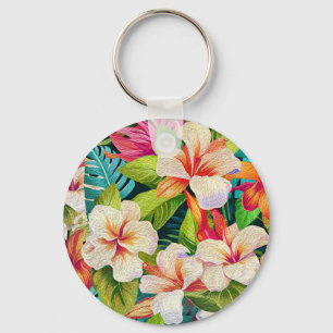 Tropical Floral Oil Painting Style Key Ring
