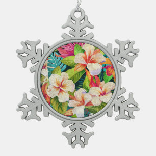 Tropical Floral Oil Painting Style Snowflake Pewter Christmas Ornament