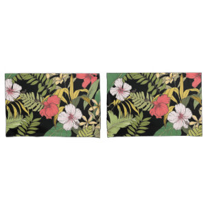 Tropical Floral On Black Pillowcase