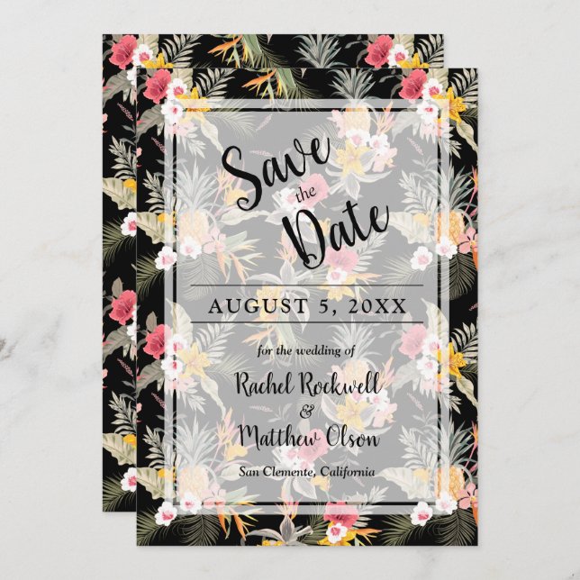 Tropical Floral on Black Wedding Save the Date (Front/Back)