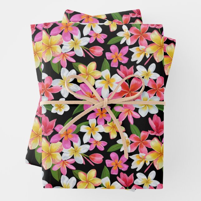 Tropical Floral on Black Wrapping Paper Sheet (In situ)