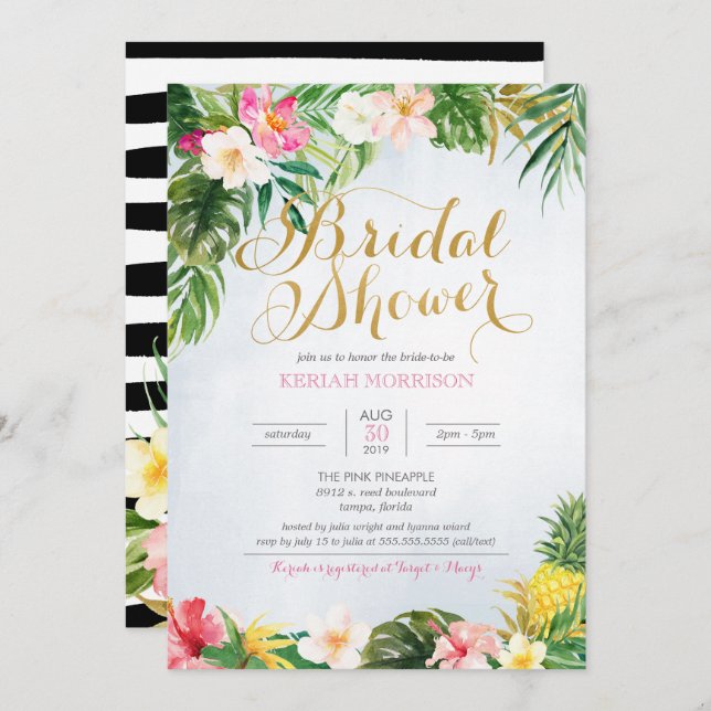 Tropical Floral or Luau Style Bridal Shower Invitation (Front/Back)