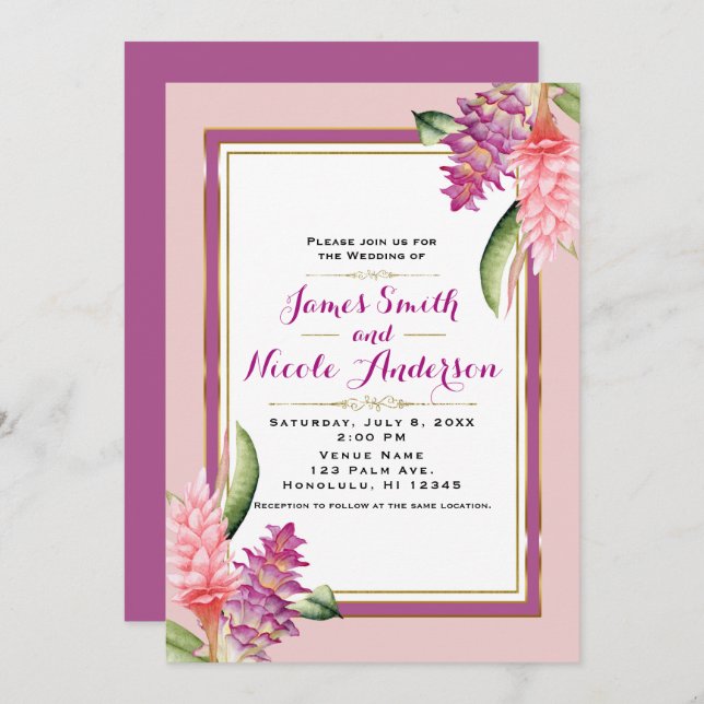 Tropical Floral Orchid Purple & Pink Chic Wedding Invitation (Front/Back)