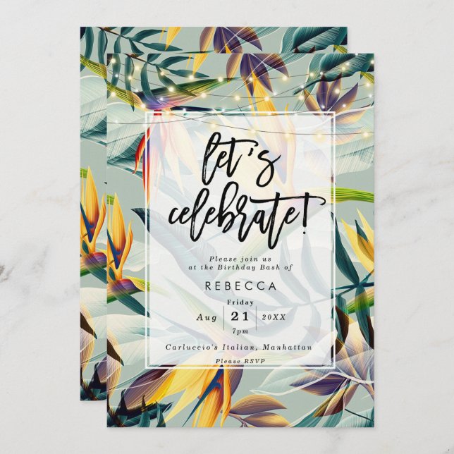 tropical floral palm birthday party invitation (Front/Back)