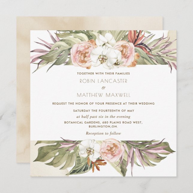 Tropical Floral Palm Leaf, Cream Square Wedding In Invitation (Front/Back)