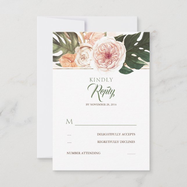 Tropical Floral Palm Leaves Wedding RSVP (Front)