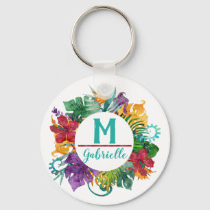 Tropical Floral Palm Wreath Monogram Initial Name Key Ring