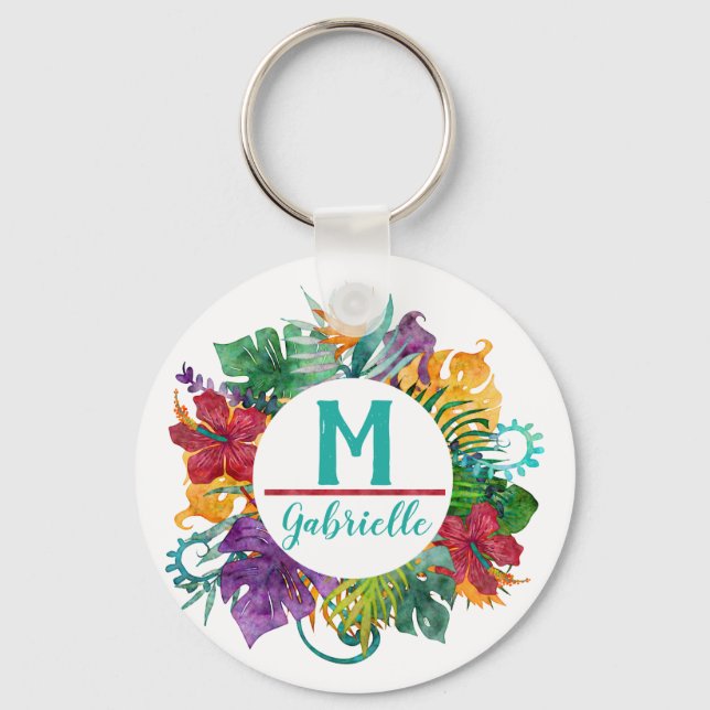 Tropical Floral Palm Wreath Monogram Initial Name Key Ring (Front)