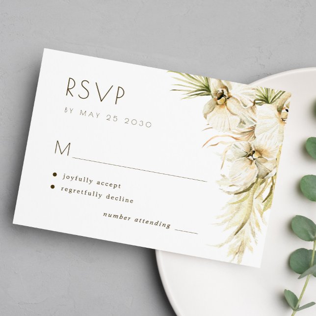 Tropical floral pampas grass elegant wedding RSVP card (Creator Uploaded)