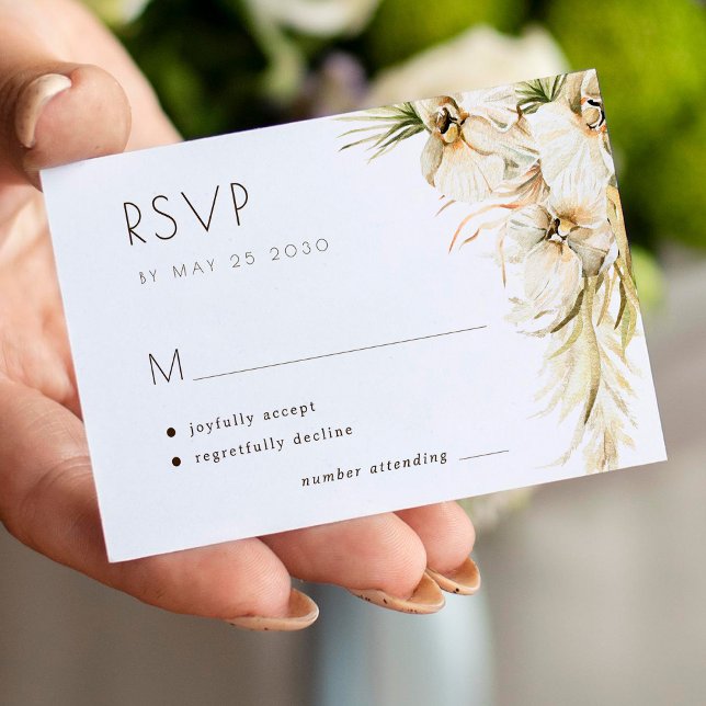 Tropical floral pampas grass elegant wedding RSVP Card (Creator Uploaded)